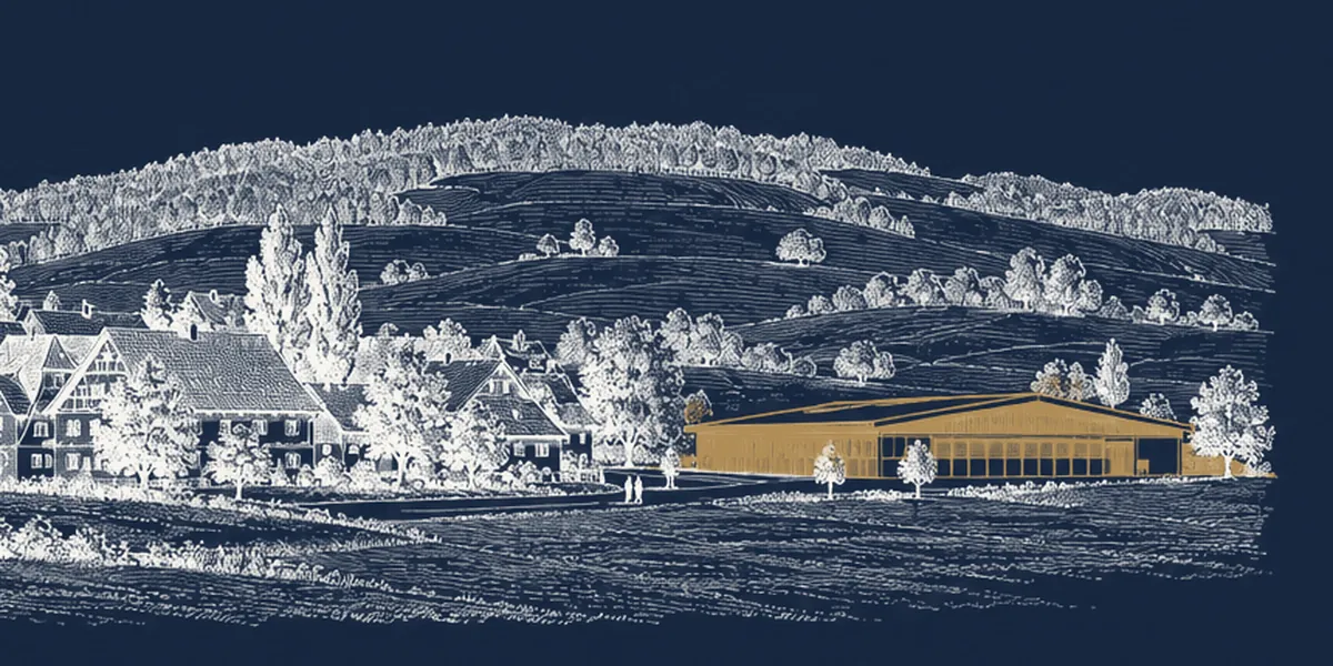 Kupferstich eines Dorfes in Oberschwaben mit Bauernhäusern und Hügeln, am Ortsrand eine neue Sporthalle in Messing