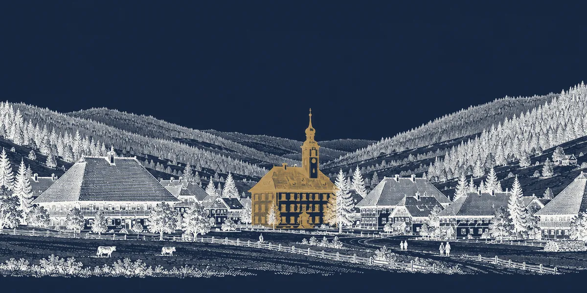 Kupferstich eines Schwarzwalddorfs im weiten Tal, das Rathaus in der Ortsmitte in Messing