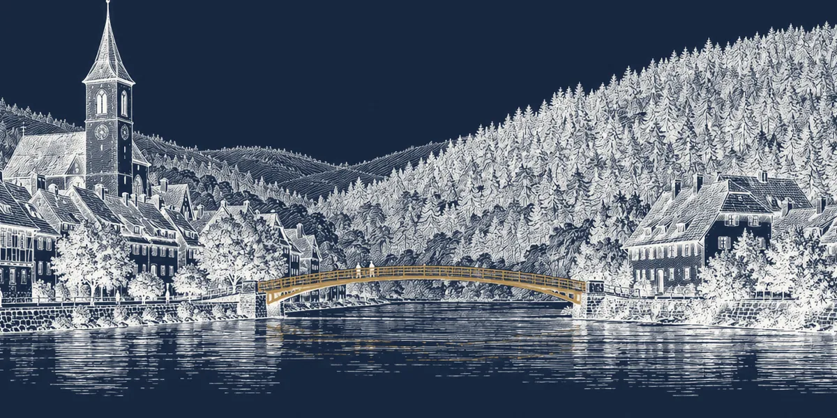 Kupferstich einer Kleinstadt am Fluss am Rand des Schwarzwalds, eine neue Fußgängerbrücke in Messing