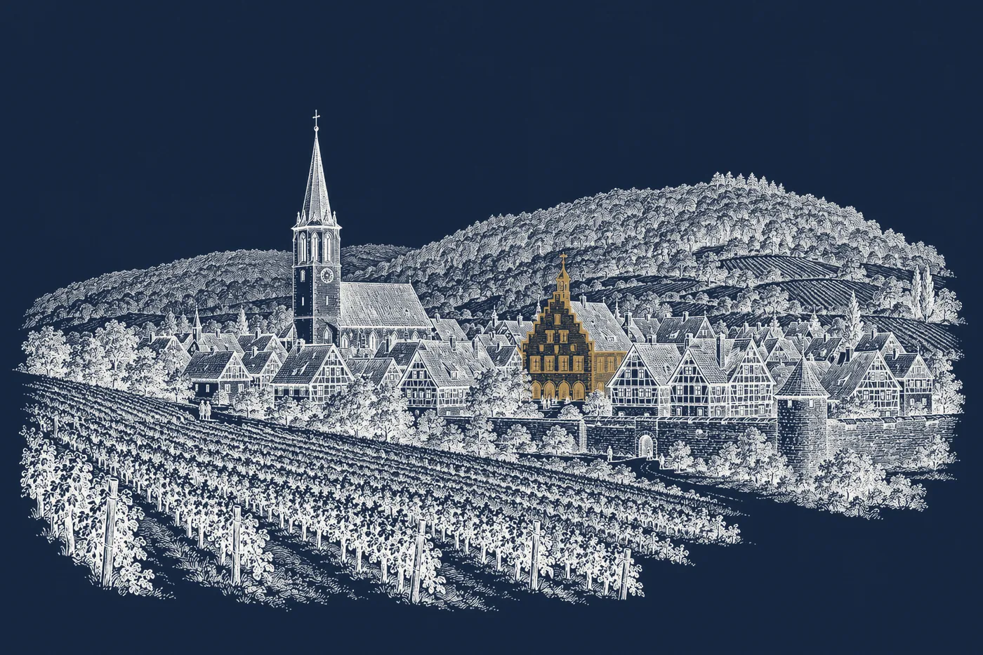 Kupferstich eines Weinorts mit Kirchturm, Fachwerkhäusern, Stadtmauer und Rebhang, das Rathaus mit Treppengiebel in Messing